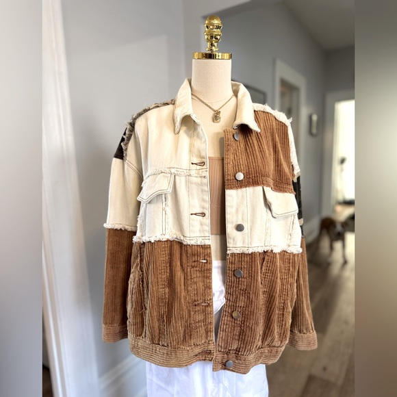 POL Women's Patchwork Corduroy Jacket - Cream and Brown - Picture 1 of 6